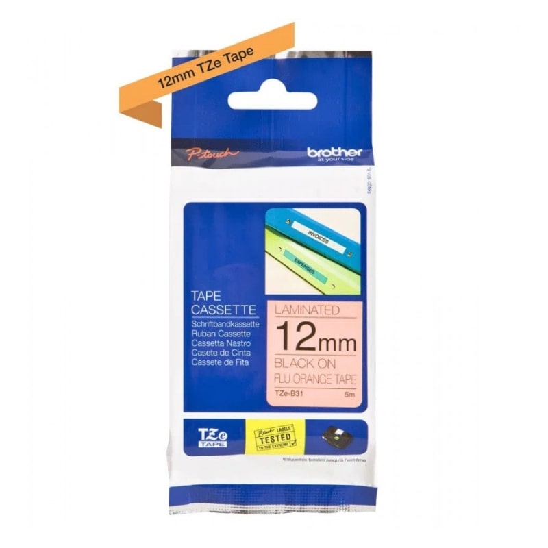 Ετικέτες BROTHER TZE-B31 Labelling Tape Cassette – Black on Fluorescent Orange 5m x 12mm (TZEB31)