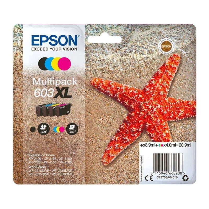 Πακέτο 4 Μελανιών EPSON 603XL Multipack Black/Cyan/Magenta/Yellow - Black 1 x 500 σελ. & CMY 3 x 350 σελ. (C13T03A64010)