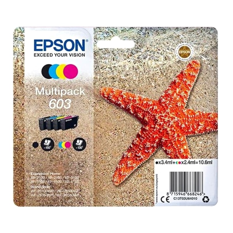 Πακέτο 4 Μελανιών EPSON 603 Multipack Black/Cyan/Magenta/Yellow - Black 1 x 150 σελ. & CMY 3 x 130 σελ. (C13T03U64010)